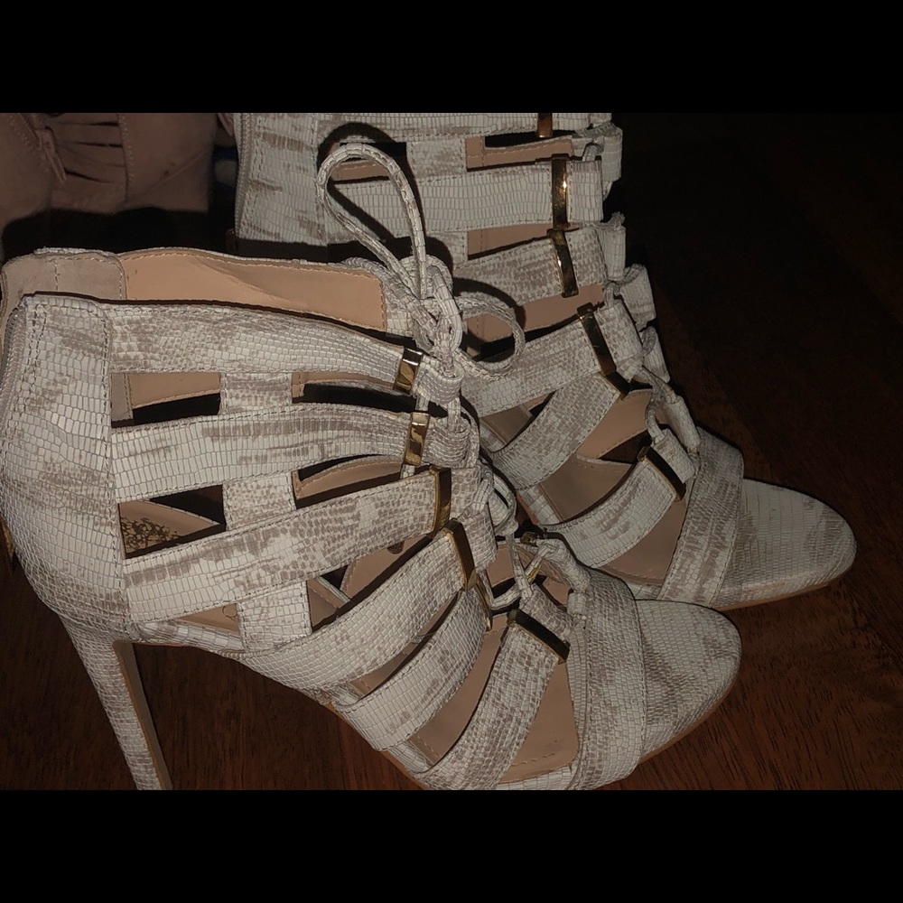 Beige and white strappy heels